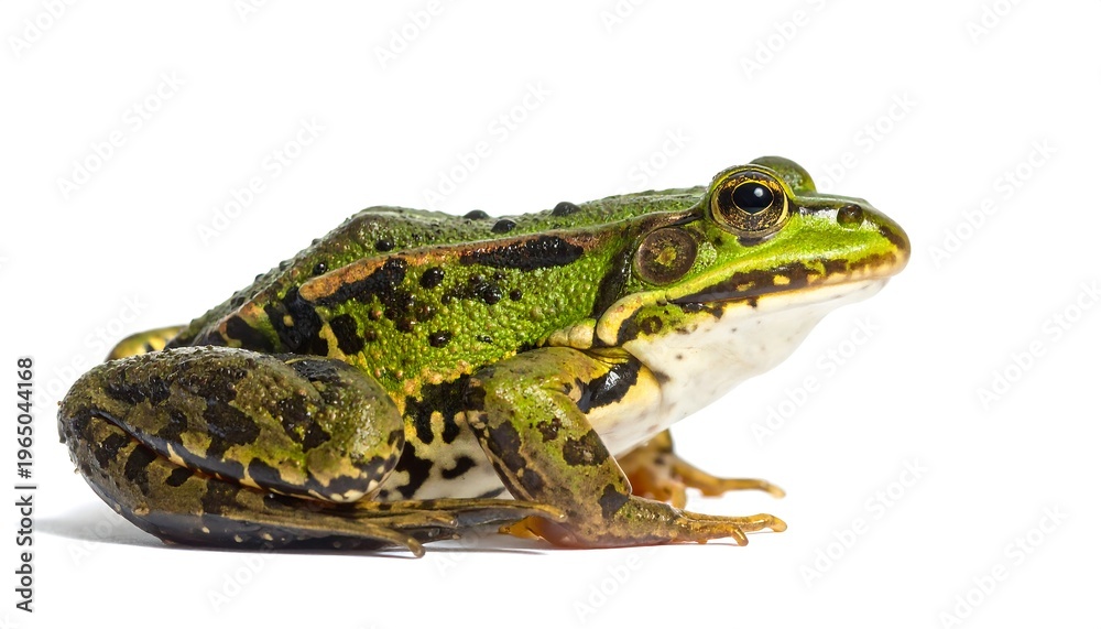 Fototapeta premium A green frog with black spots sits on a white surface