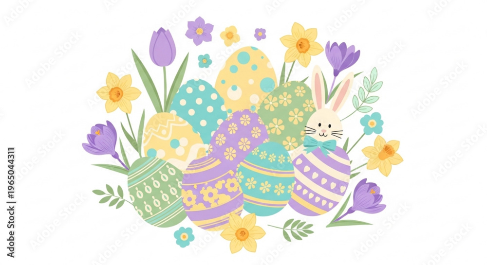 Obraz premium Easter bunny surrounded by colorful eggs flowers and foliage on white background springtime celebration