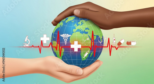 Diverse hands holding globe with medical symbols and heartbeat line representing global health and unity