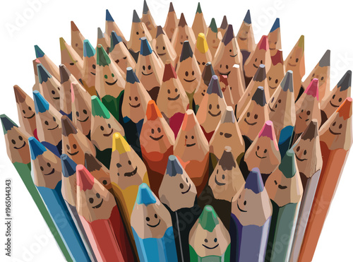 Group of colorful pencils with smiling faces on tips, creative anthropomorphic illustration symbolizing diversity, unity, joy, and artistic imagination