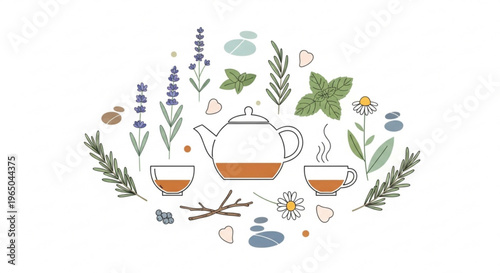 Herbal tea illustration with teapot cups and herbs in a circular floral arrangement