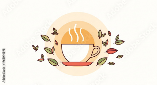 Steaming cup of coffee with saucer surrounded by coffee beans and leaves on a warm background