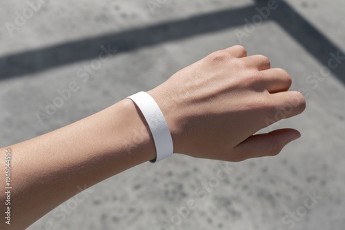 Hand wearing white wristband outdoors.