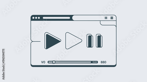 A clean line art illustration of a video player window featuring play and pause buttons, plus a progress bar, symbolizing multimedia content, streaming, and online video playback.