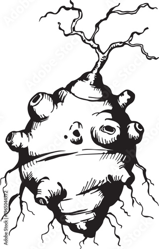 Hand-drawn fantasy root creature illustration, a peculiar subterranean plant with eye-like nodes and gnarled tendrils, evoking mystical folklore