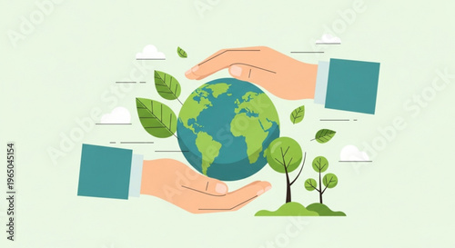 Hands protecting the earth with green leaves and trees symbolizing environmental care and sustainability