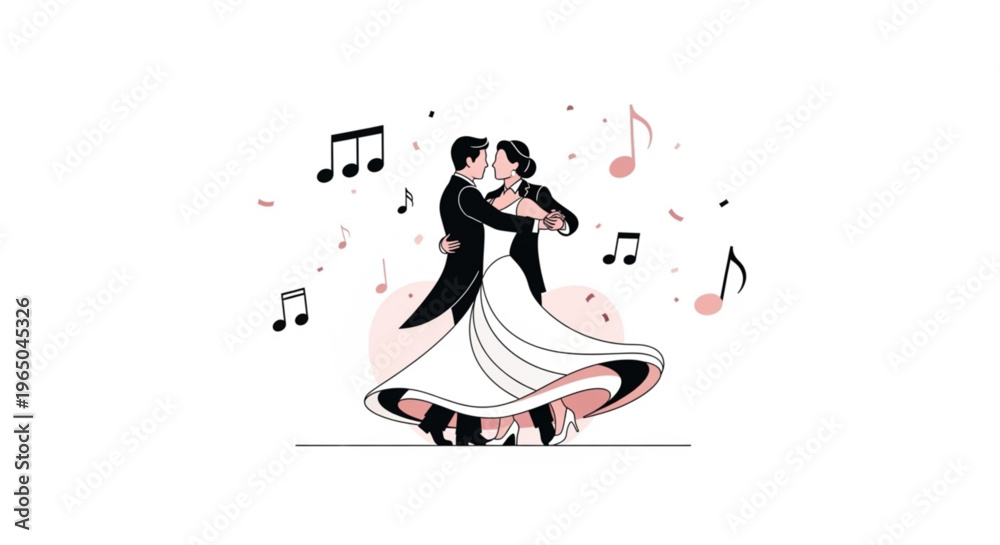 Obraz premium Romantic couple dancing waltz with musical notes around them in elegant black and white attire
