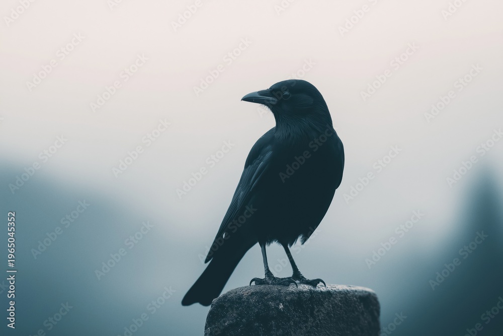 Fototapeta premium Black crow or raven standing on a rock. Dark bird creating a silhouette against a moody, foggy background, representing solitude and atmosphere