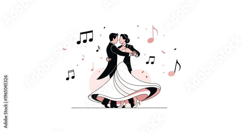 Romantic couple dancing waltz with musical notes around them in elegant black and white attire