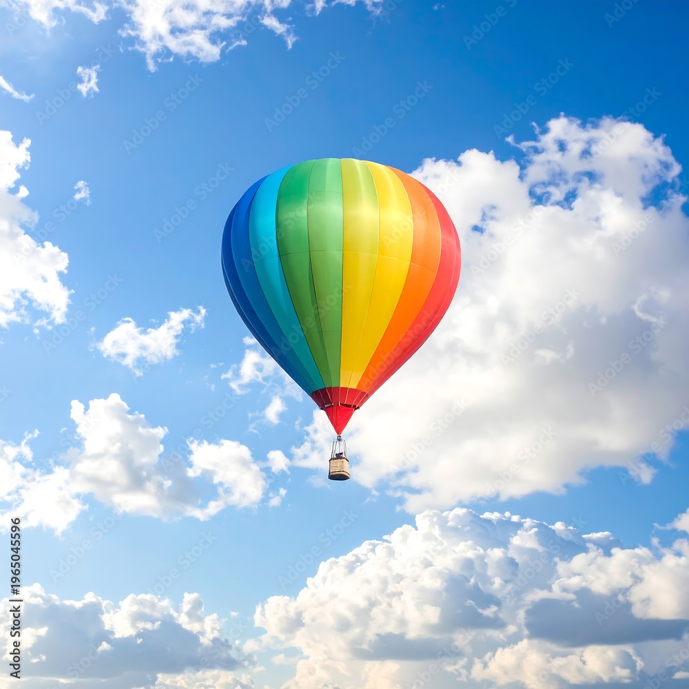 Fototapeta premium A vibrant rainbow hot air balloon floats against a bright blue sky