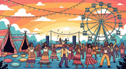 Vibrant festival crowd dancing with joy under colorful string lights at sunset with a ferris wheel