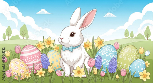 White easter bunny with blue bowtie surrounded by colorful eggs and spring flowers in a green meadow