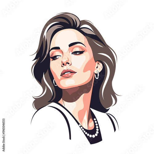Elegant Woman Portrait, Stylish Hairstyle, Makeup, Pearl Necklace, Professional Look
