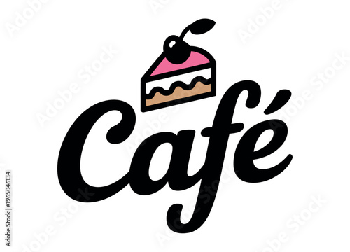 A stylized logo for a cafe featuring a slice of cake with a cherry on top