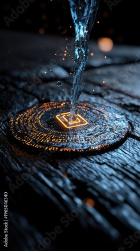 Abstract 3D digital art depicting glowing orange code symbols and particles forming a circular pattern on a dark textured surface with a stream of digital water flowing from above