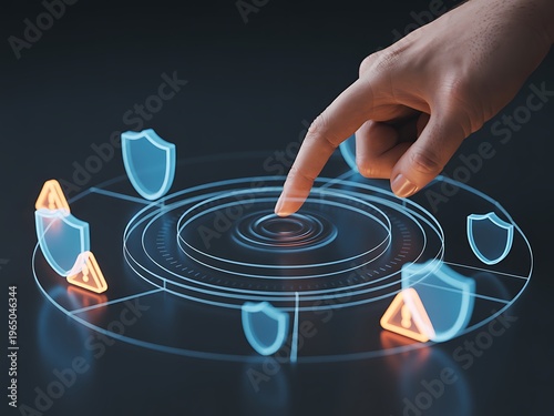 a hand pressing a button with shields and triangles around it