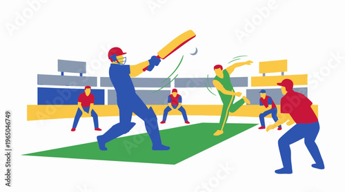 Dynamic illustration of a cricket match in progress, featuring a batsman hitting the ball while a bowler and fielders are in action on the field, capturing the excitement of the game