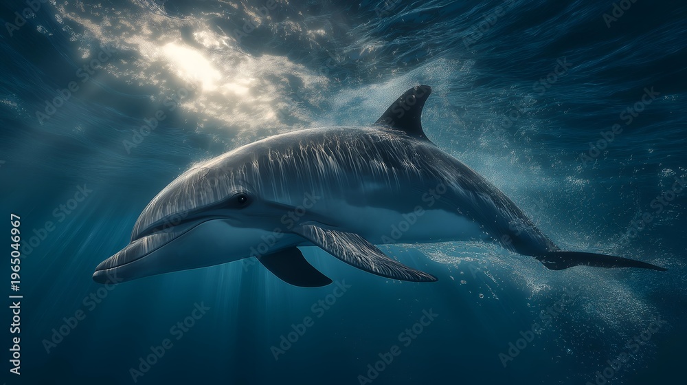 Fototapeta premium A majestic dolphin gliding through crystal clear waters, illuminated by sunlight streaming from above.