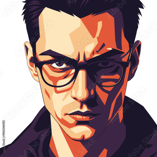 Intense Man with Glasses, Dramatic Lighting, Vector Portrait, Serious Expression
