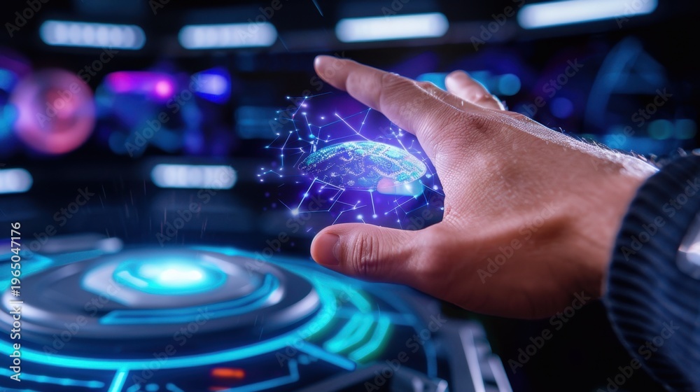Obraz premium Hand Reaching Towards Holographic Interface with Futuristic Technology and Data Visualization Elements