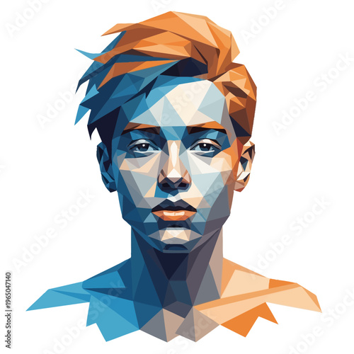 Low Poly Portrait of a Young Man with Orange and Blue Geometric Style