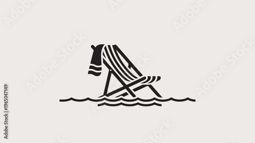 A monochromatic black icon representing a beach chair with a towel draped, standing in gentle ocean waves, evoking a sense of calm and vacation.