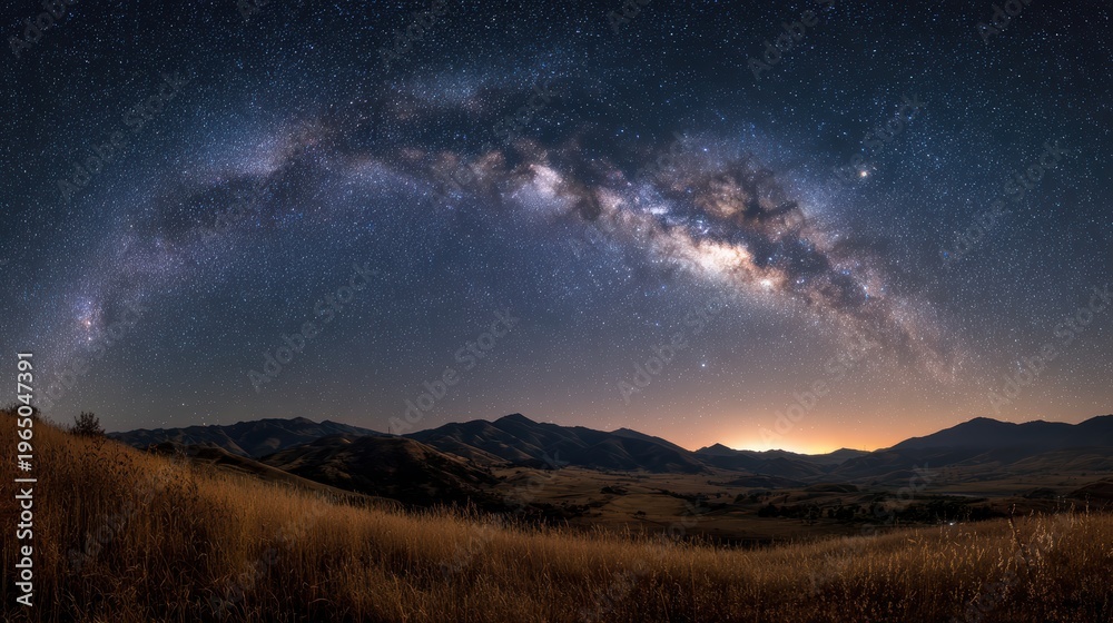Fototapeta premium Panoramic view of the milky way galaxy over rolling hills at night