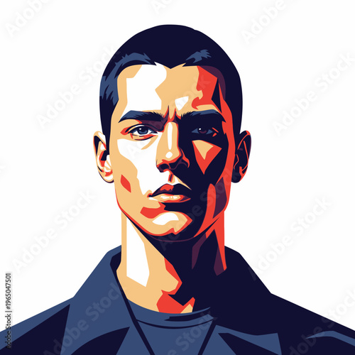 Modern man portrait, sharp features, dramatic lighting, vector art, intense gaze, dark jacket