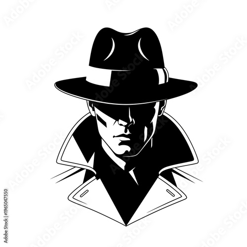 Mysterious Man in Fedora Hat and Trench Coat, Shadowed Face, Noir Style Illustration
