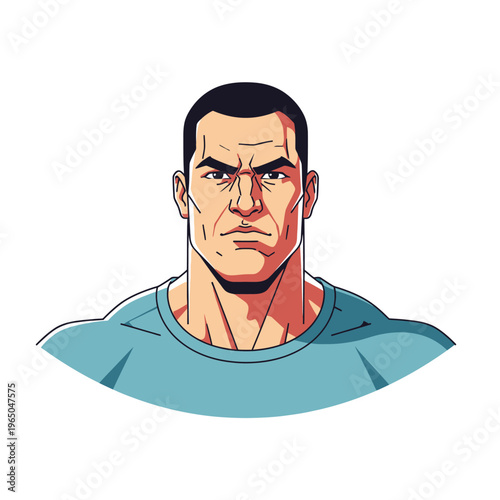Muscular Man Portrait, Comic Style, Determined Expression, Blue T-shirt, Strong Character