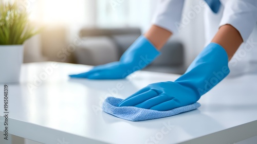 A person using a blue cloth to clean a tabletop, emphasizing cleanliness and hygiene in a bright living space.