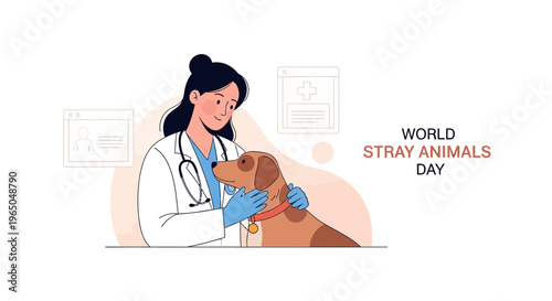 A female veterinarian in a white coat tenderly examining a brown dog on World Stray Animals Day with a compassionate and professional atmosphere.