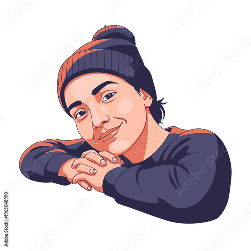 Young Man in Beanie Hat and Sweater, Smiling Portrait, Cartoon Style Illustration