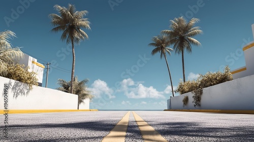 A serene view of a palm-lined road leading to the ocean under a clear blue sky.