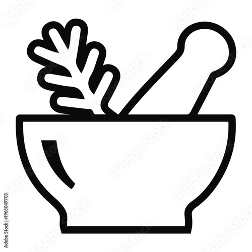 A mortar contains a plant and a pestle for grinding.