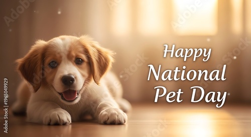 Cute dog lying on floor with happy expression on national pet day