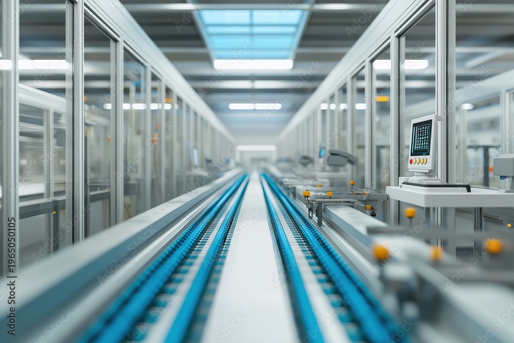 Obraz premium Automating modern factory production with a long conveyor belt system and control panel, illustrating high-tech efficiency in manufacture