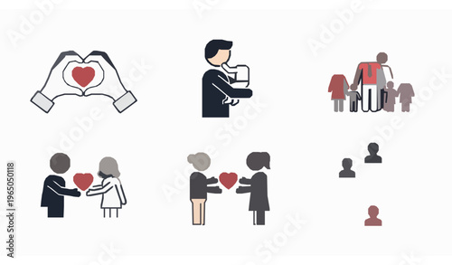 Elegant minimalist family and people solid vector icons emphasizing love, unity, and social connections