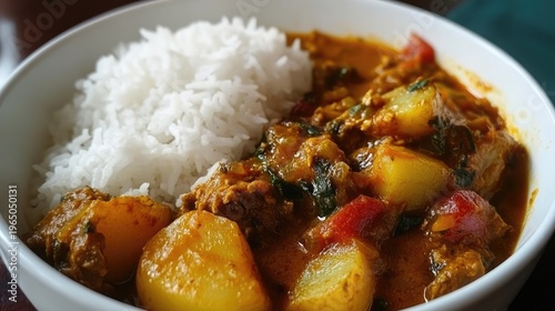 Hearty bowl of vegetable curry with rice for a satisfying lunch meal