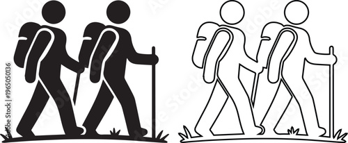 two hikers with backpacks and trekking poles in silhouette and line art styles, representing outdoor adventure, mountain trekking, and healthy active lifestyle.