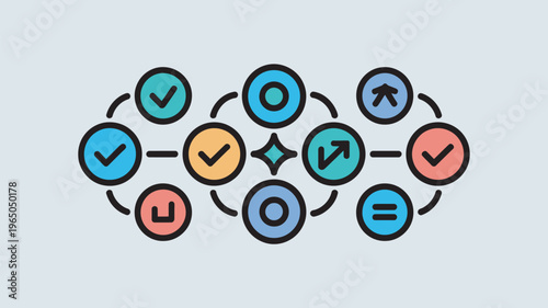 A colorful network diagram illustration displaying interconnected circles with checkmarks, arrows, and equal signs, representing a structured workflow or decision-making process.