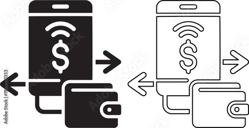 Mobile wallet vector icon with dollar sign and wireless signal symbols in black silhouette and line art styles, representing digital payments, money transfer, and contactless fintech.