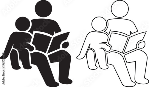 parent or teacher reading a book to a child in silhouette and line art styles, representing storytelling, education, and early childhood literacy.