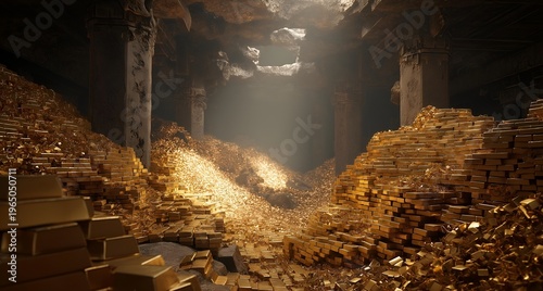 A stunning underground scene featuring piles of gold and shimmering light illuminating a treasure-filled cavern.