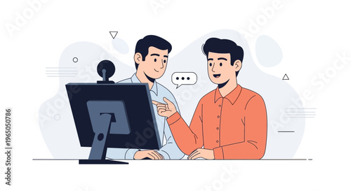 Two men collaborating at a computer, discussing ideas with speech bubble illustration.