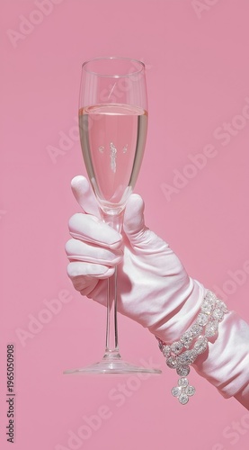 A stylish hand in a white glove holding a champagne glass against a soft pink background, exuding elegance and celebration.