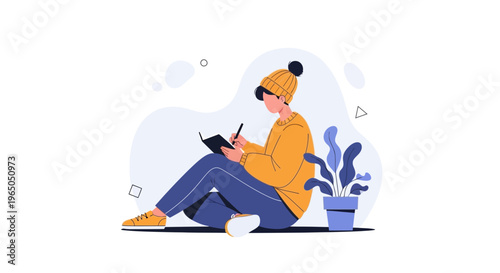 Young person writing in notebook, creative journaling, cozy illustration, plant decor