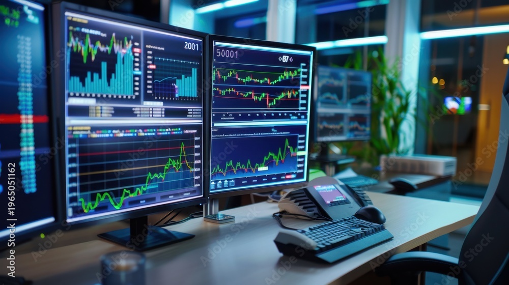 Naklejka premium Modern Trading Desk with Multiple Monitors Displaying Stock Market Data and Financial Graphs in a Bright Office Environment
