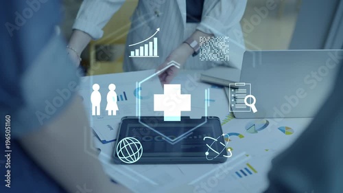 Health insurance and medical healthcare. Medical business life protection plan, digital hospital technology, medicine, patient checkup service, global science innovation, and smart wellness system.