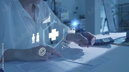 Health insurance and medical healthcare. Medical business life protection plan, digital hospital technology, medicine, patient checkup service, global science innovation, and smart wellness system.